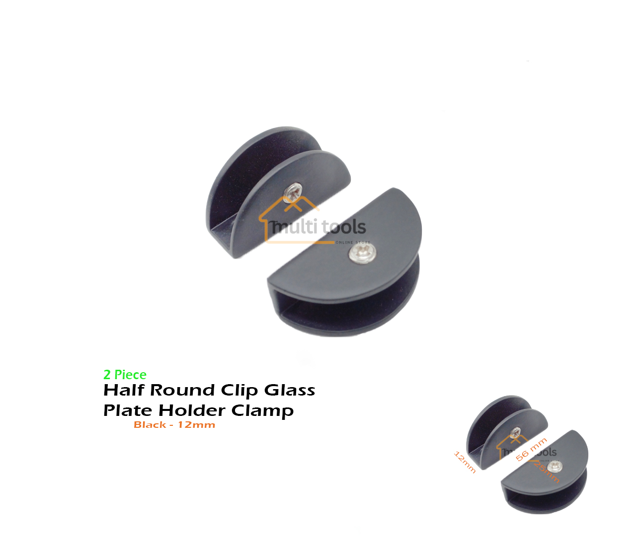 2 Pecs Half Round Clip Glass Plate Holder Clamp Black 12Mm